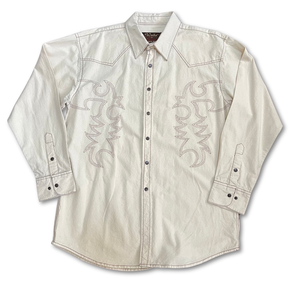 Walls Shirt Men Large Ranch Wear Western Pearl Snap Button Long Sleeve VTG Tan
